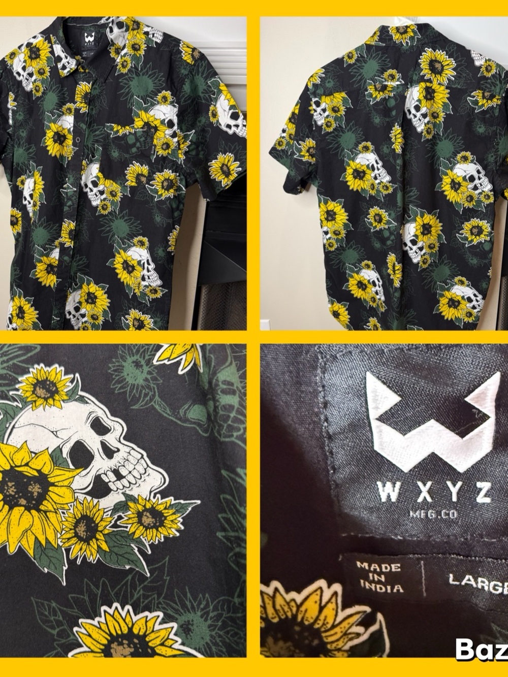 Mens Hawaiian WXYZ Black Sunflower Skull Short-Sleeve Button-Down Shirt - Large